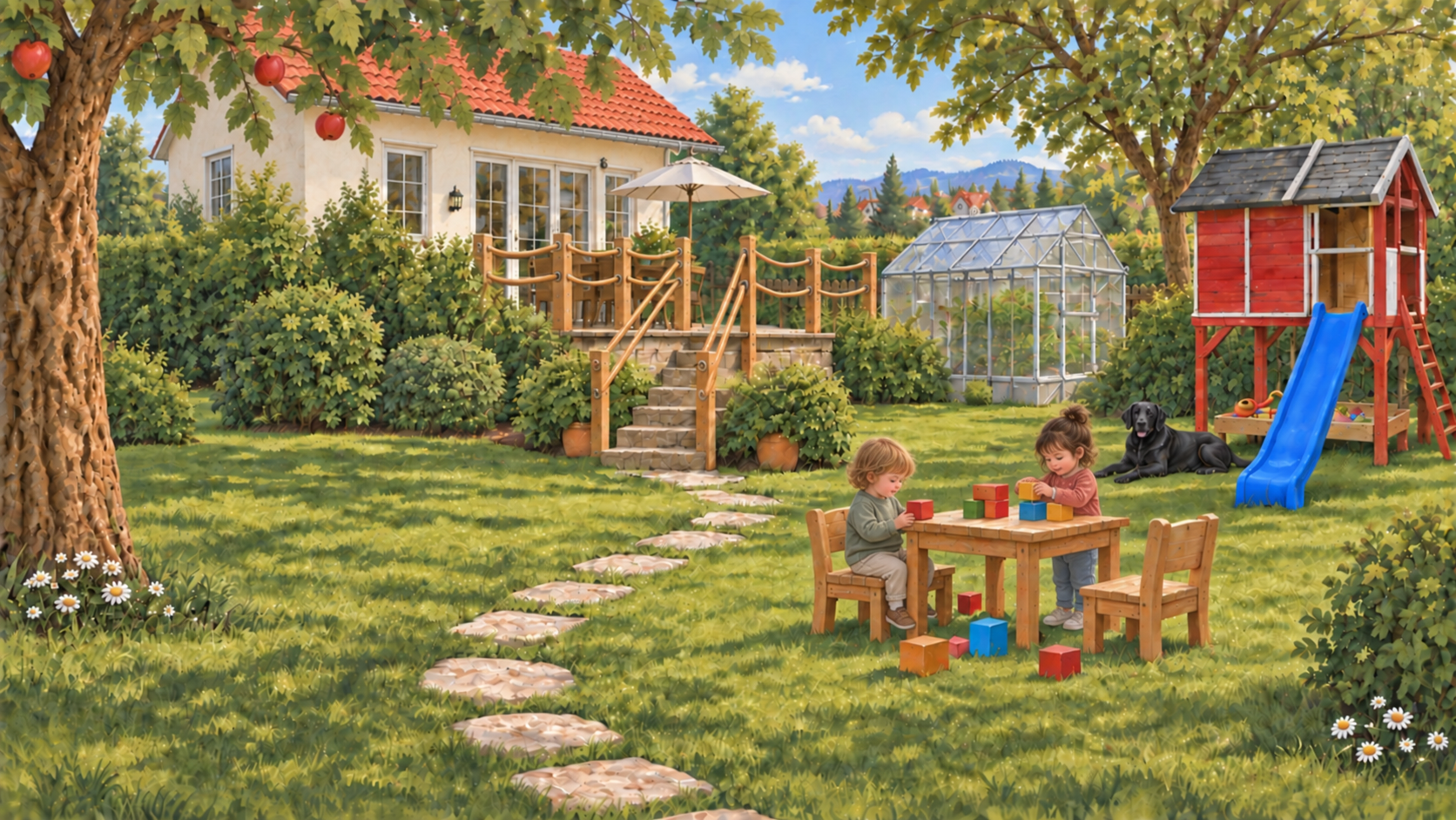 Gartenillustration mit zwei Kindern beim Spielen mit Bausteinen, Wohnhaus, Terrasse, Wintergarten, Spielhaus mit blauer Rutsche und einem schwarzen Labrador